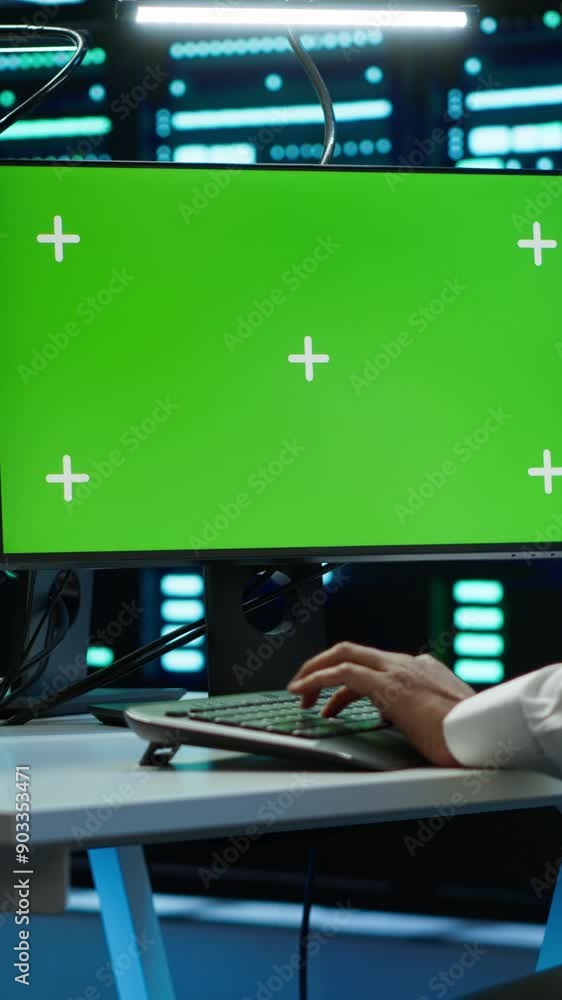 Poster vertical video engineer in server hub using green screen pc to stop hacker passing company firewall 