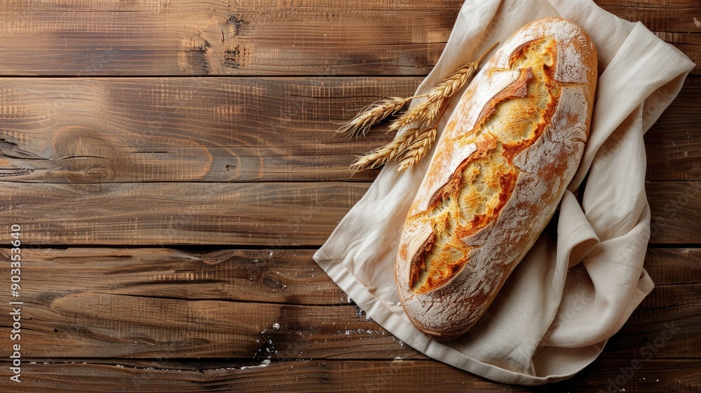 Poster homemade wheat bread on wooden table flat lay view with empty space
