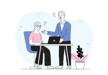 Elderly couple with laptop. Grandparents learn to use gadgets and devices. Grandfather and grandmother with social networks and messengers. Linear vector illustration