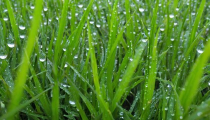 Fototapeta premium Dewdrops on blades of grass a sign of mornings freshness