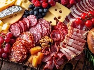 A selection of cured meats, cheeses, fruits, and bread on a platter