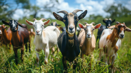 A group of goats in various colors standing in a lush green field under a bright blue sky, looking curious.