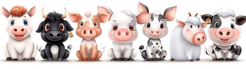 Naklejka premium Create a lively farm animals poster for kids, featuring colorful and playful illustrations of animals like cows, chickens, pigs, and sheep, to help children learn about farm life and the animals that