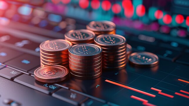 Stacks of Dollar Coins on a Laptop Keyboard with Charts in the Background.