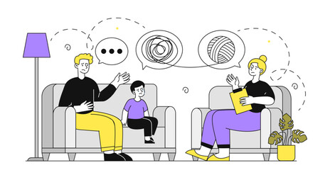 Family psychologist concept. Man with child came for consultation with psychologist. Mental and psychological problems. Negative feelings and emotions. Linear vector illustration