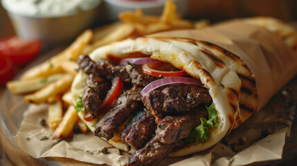Close-up of a mouth-watering beef gyro filled with fresh vegetables, accompanied by crispy fries in the background.
