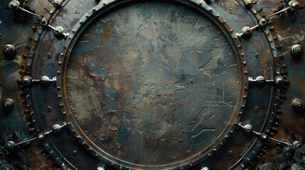 Horizontal metallic round frame banner with vintage and retro details for steampunk and mechanical design Mockup template with text space