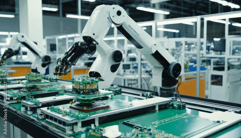 Poster hightech assembly line with robotic arms in motion
