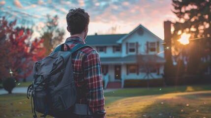 Nostalgic Farewell: Student Gazing at Childhood Home Before College Departure | Realistic Lifestyle Image