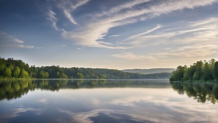 A serene lake reflecting the flowing patterns of the sky, with soft ripples creating a peaceful scene.