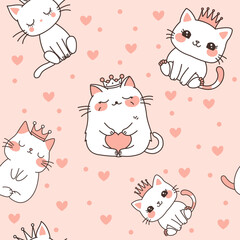 Seamless Pattern of Cute Cat Queen Wearing Crown with Love Decoration on Brown Background
