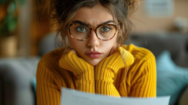 A woman with glasses and a serious expression, wearing a yellow sweater, is intently reading a document at home.