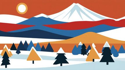 Abstract winter flat landscape with mountains and forest.