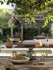 A still life image of a bowl of olives and a glass of wine, great for food or wine-related themes
