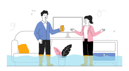People in flooded house. Man and woman standing in apartment with water. Sewer pipe burst, problems in bathroom. Accident and disaster at home. Linear vector illustration