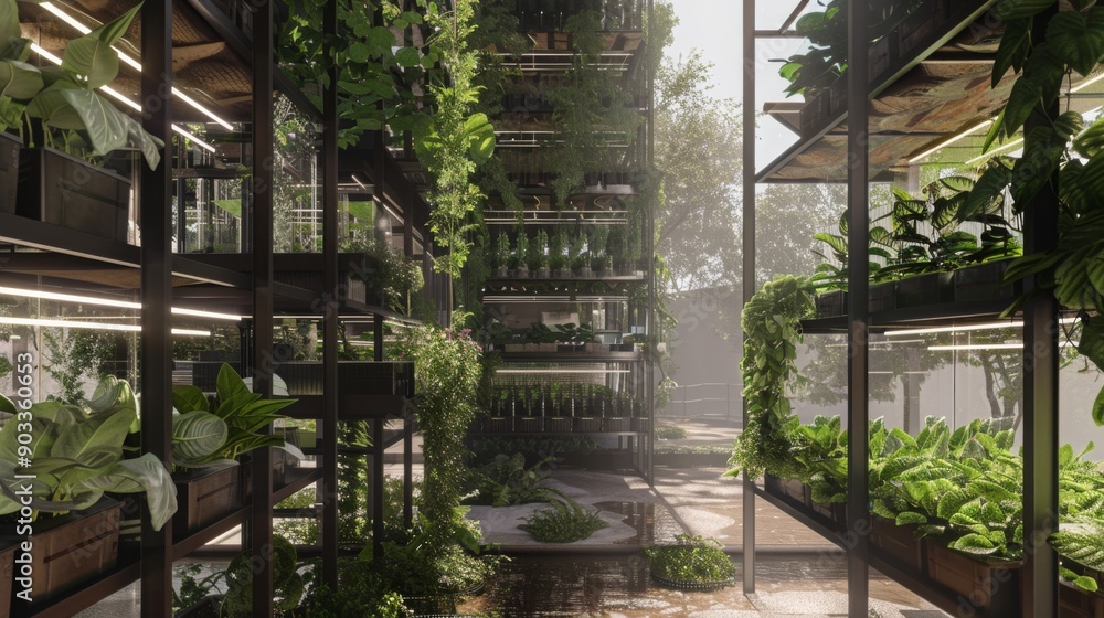 Poster a multi-level vertical garden of greenery in a metal and glass structure. plants grow in rows on she
