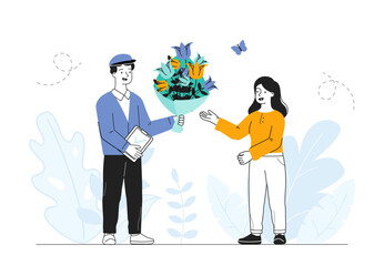 Flower delivery to woman. Courier brought romantic gift to young girl. Love and romance. Present and surprise. Excited girlfriend with roses. Linear vector illustration