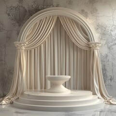 Elegant 3D podium surrounded by curtains or soft drapes