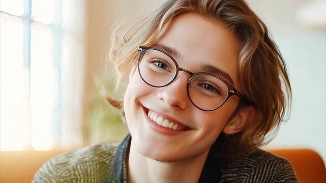 Close up Blonde transgender person identifying as a woman with glasses smiling and talking during a job interview at a technology company.