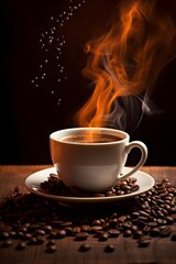 cup of coffee with grains of coffee 