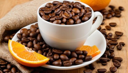 Fototapeta premium Aromatic coffee beans and fresh orange slices a perfect blend of flavors