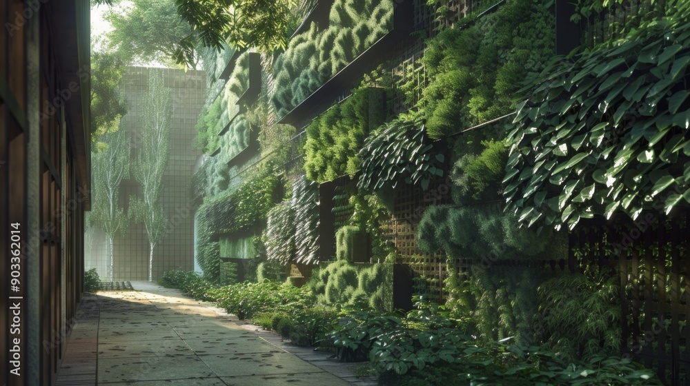 Poster a narrow pathway runs between a building covered in a lush green wall and a row of trees, leading to
