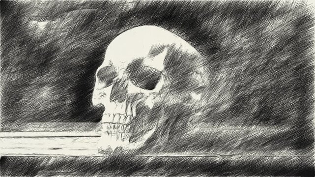 drawing black and white of skull on table