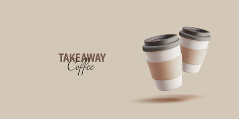 Takeaway coffee. Two closed modern paper cups for hot drinks. Banner for advertising delicious coffee. Vector illustration.