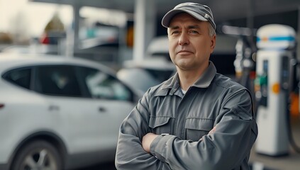 Confident Gas Station Worker, Arms Crossed at Fuel Pump