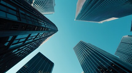 Fototapeta premium Urban Giants: A low-angle view of towering skyscrapers against a vibrant blue sky, capturing the awe-inspiring scale of modern architecture. 