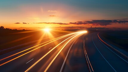 Golden Sunset Highway: A vast highway bathed in the warm glow of a setting sun, its lanes ablaze with the light trails of speeding vehicles, symbolizing journey, progress, and the pursuit of dreams. 