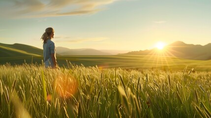 Fototapeta premium Golden Hour Serenity: Woman finds peace amidst a sun-drenched meadow, embracing the tranquility of a breathtaking sunset over rolling hills. 