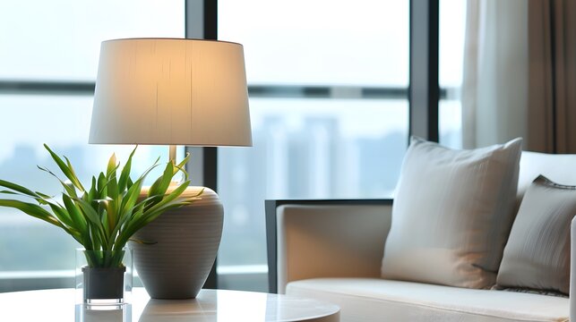 Modern Living Room: A cozy and inviting living room with a white armchair, a stylish lamp and a small plant on a coffee table in front of a large window with a city view. The image evokes a sense of t