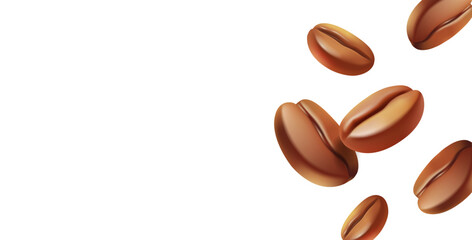 A group of realistic coffee beans on a white background, 3D. For advertising fresh, delicious coffee, and packaging design for goods and products with coffee. Vector illustration.