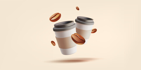 Paper cups with coffee and coffee beans, 3D. Realistic, beautiful composition for advertising and promotion of coffee shops, coffee delicious hot drinks. Vector illustration.