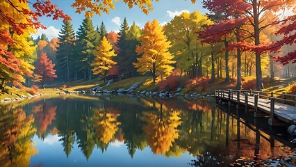 Obraz premium A serene autumn landscape with colorful fall leaves, a calm lake reflecting the vibrant trees, a wooden bridge crossing over the lake, warm sunlight filtering through the foliage, digital art 