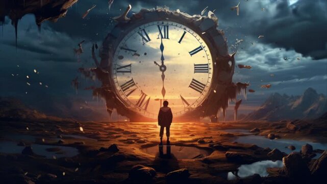 Concept of time slipping away, life passing by quickly. Fantasy image of a person looking at the clock