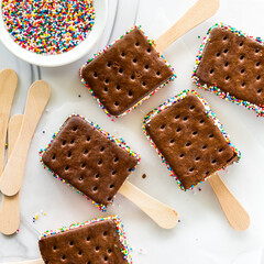 Top down view of ice cream sandwich pops with colourful sprinkles.