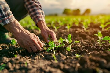 Farmer's Hands Planting Seedling in Fertile Soil