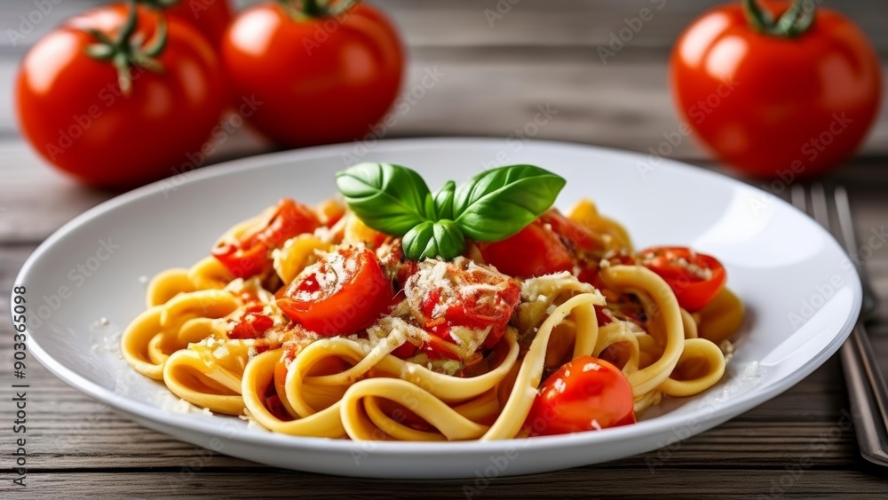 Poster  Delicious pasta dish with fresh tomatoes and basil