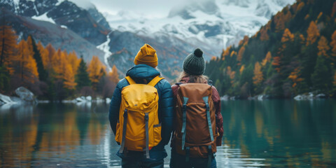 Two hikers with backpacks standing by a mountain lake, enjoying the scenic view of autumn trees and snowy peaks.