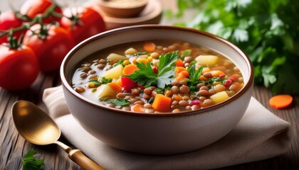 A bowl of lentil soup with vegetables and herbs