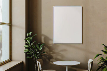 Mockup of a Blank White Poster on a Beige Wall in a Minimalist Cafe Setting
