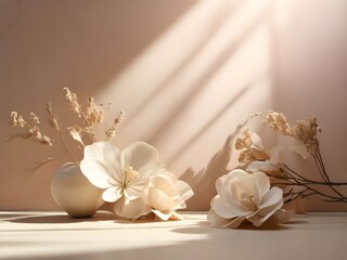 Close angle of a clean and empty background with soft light and botanical shaped shadows, in light, warm neutral tones Generative AI