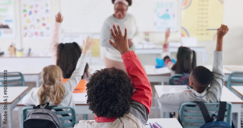 Poster back, students and hands for question in classroom with answer, knowledge and learning in education.