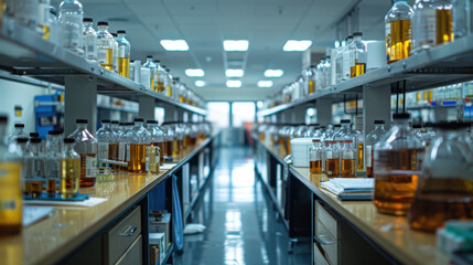 Long shelves in a laboratory filled with various chemical bottles and equipment, creating a focused and orderly environment.