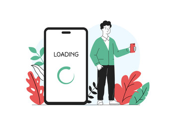 Man loading smartphone. Young guy turns on gadget or devices. Downloading files and updating operating system and software, application. Linear vector illustration