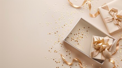 Elegant Gift Boxes with Gold Ribbon and Confetti