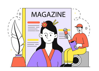 Japanese magazine woman. Male editor of fashionable womens magazine. Beauty, elegance and aesthetics. Trending news and content. Linear vector illustration