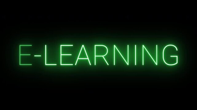 4K, flickering neon green e-learning text animated on black background